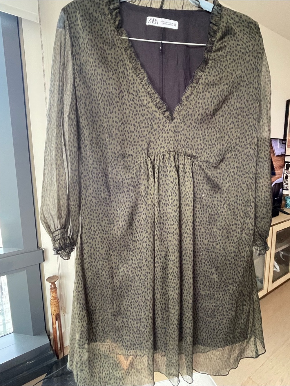 Zara olive green georgette Long Sleeve Dress with empire waist
